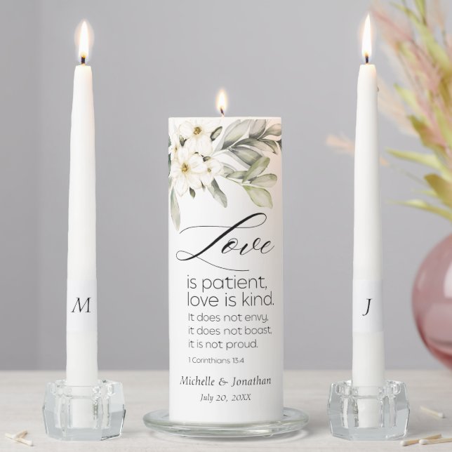 Love is Patient Bible Verse White Floral Wedding Unity Candle Set (In Situ)
