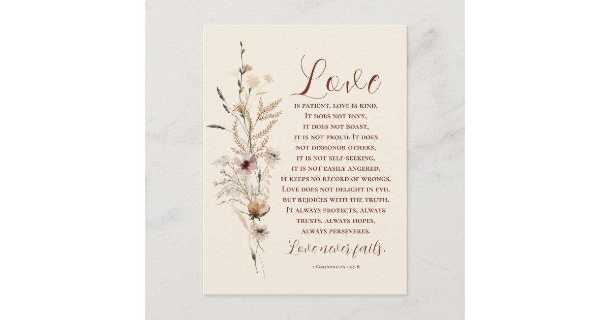 Love is Patient Bible Wedding Congratulations Postcard | Zazzle