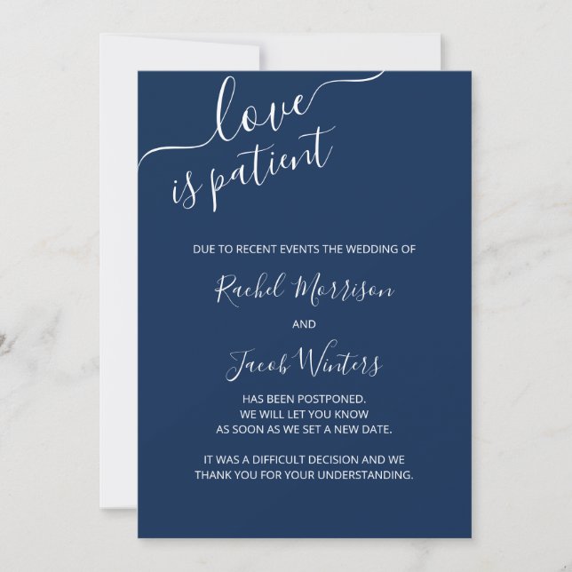 Love is Patient Blue and White Script Postponement Announcement (Front)