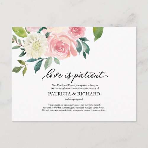 Love Is Patient Blush Floral Wedding Postponement Postcard