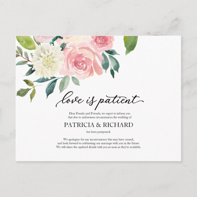 Love Is Patient Blush Floral Wedding Postponement Postcard (Front)