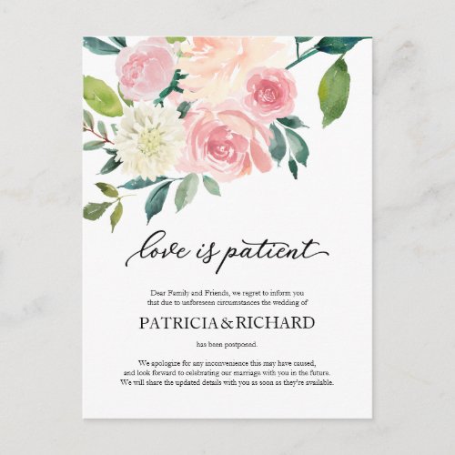 Love Is Patient Blush Floral Wedding Postponement Postcard