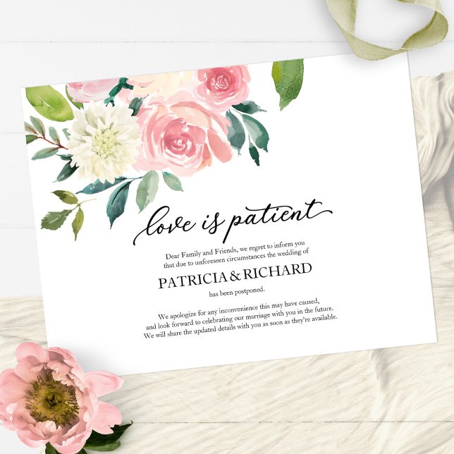 Love Is Patient Blush Floral Wedding Postponement Postcard (Creator Uploaded)