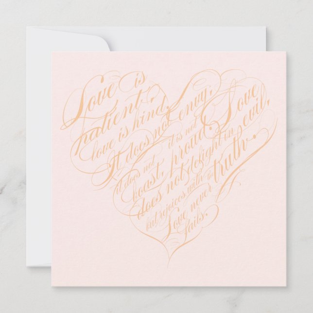 Love is patient.. blush & gold calligraphy heart invitation (Front)