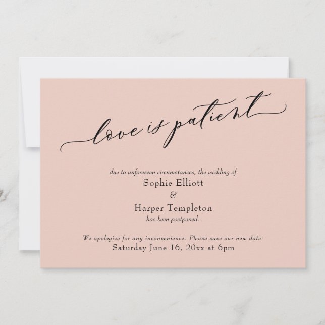 Love is Patient Blush Pink Postponed Wedding Card (Front)