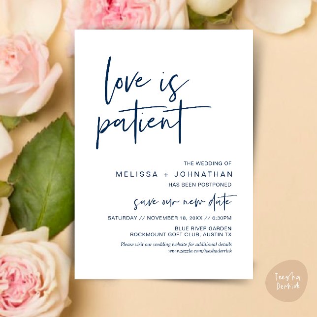 Love is patient, Change Our Wedding New Date Invitation (Minimalist, Love is patient, Romantic Wedding Change the new date card PDF in navy Blue)