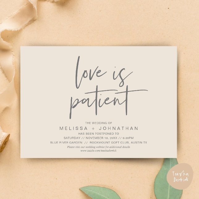 Love is patient, Change Our Wedding New Date Invitation (Minimalist, Love is patient, Romantic Wedding Change the new date card PDF in Cream Grey)