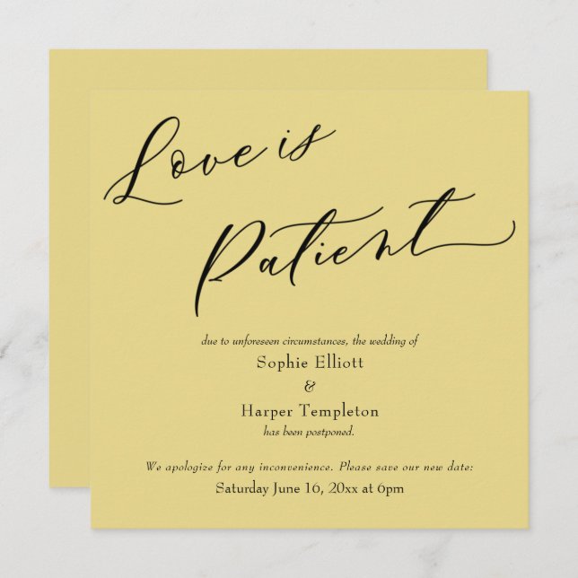 Love is Patient Custard Postponed Wedding Card (Front/Back)