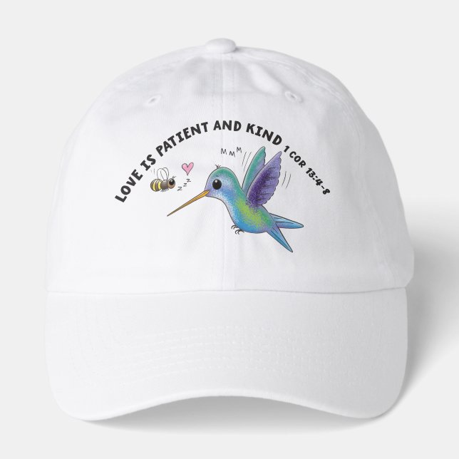 Love is patient cute bee and hummingbird scripture hat (Front)