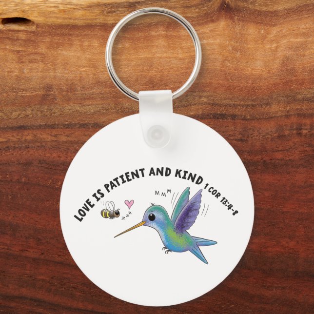 Love is patient cute bee and hummingbird scripture keychain (Front)