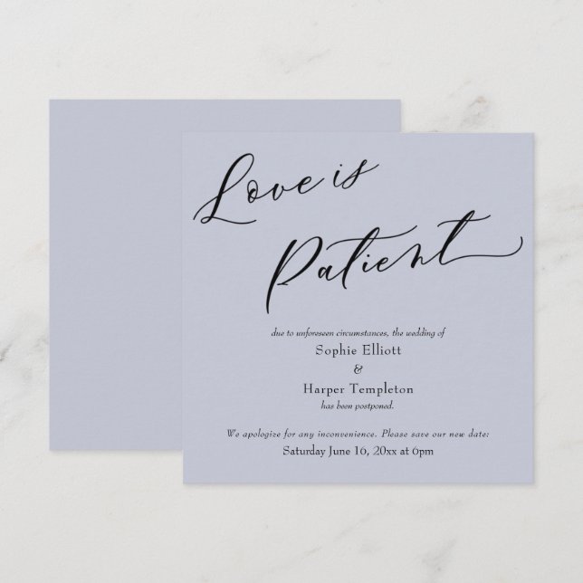 Love is Patient Dusty Blue Postponed Wedding Card (Front/Back)
