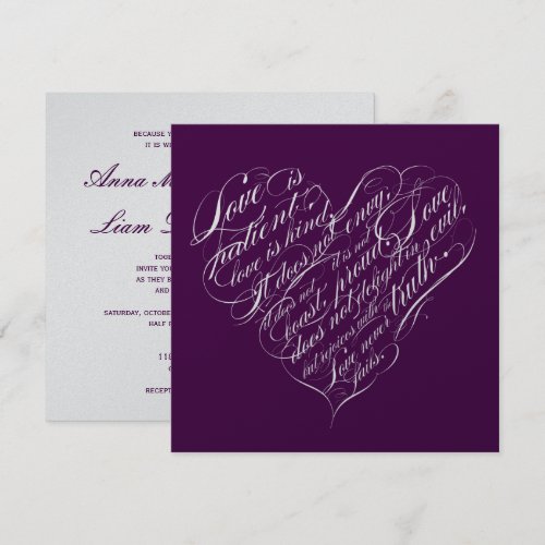 Love is patient.. eggplant &amp; silver script heart custom invitations