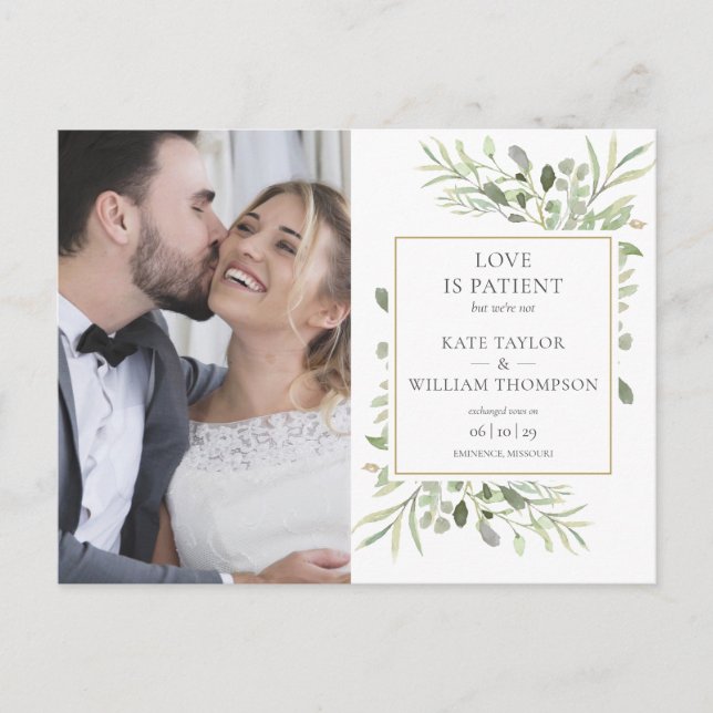 Love Is Patient Elopement Photo Wedding Announcement Postcard (Front)
