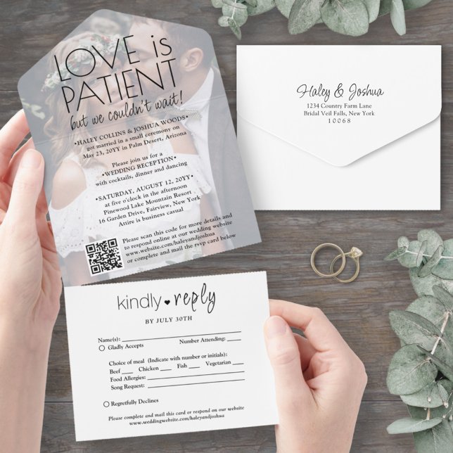 Love is Patient Elopement Reception Photo QR Code All In One Invitation (Creator Uploaded)