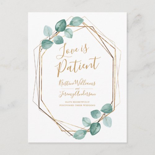 Love is Patient Eucalyptus Gold Script Photo Announcement Postcard