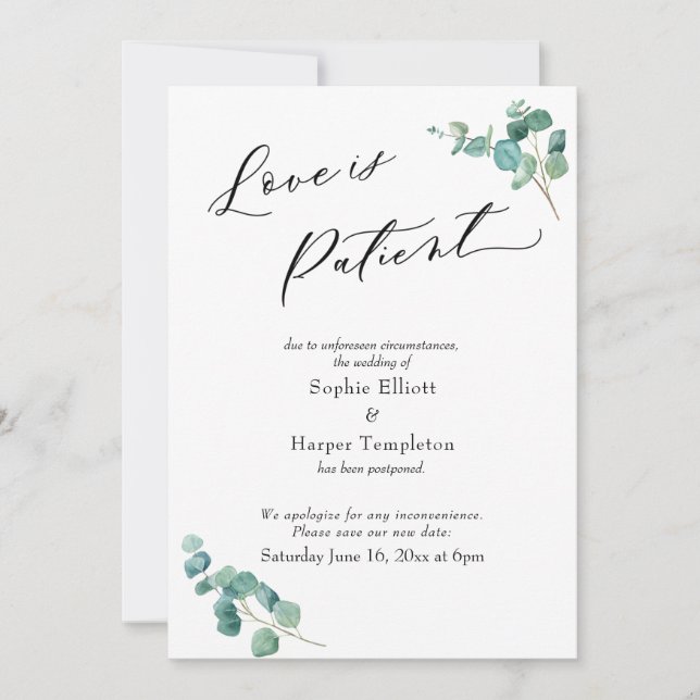 Love is Patient Eucalyptus Postponed Wedding Card (Front)