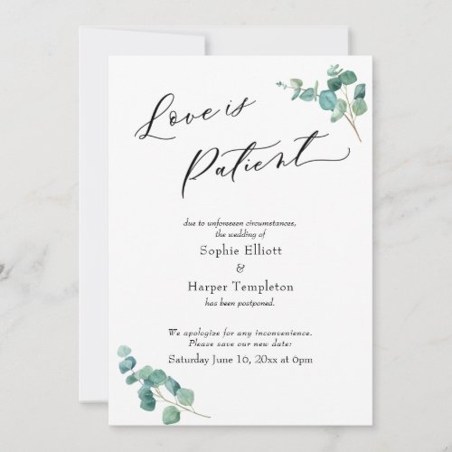Love is Patient Eucalyptus Postponed Wedding Card