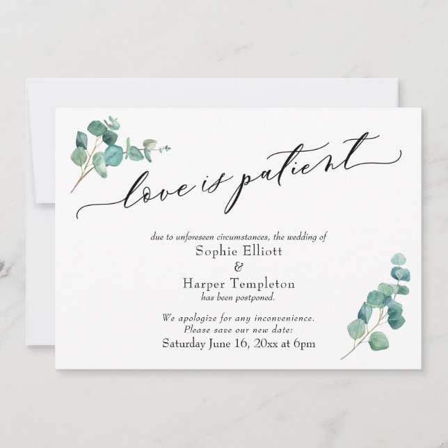 Love is Patient Eucalyptus Postponed Wedding Card (Front)
