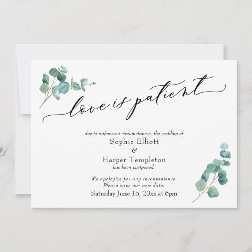 Love is Patient Eucalyptus Postponed Wedding Card