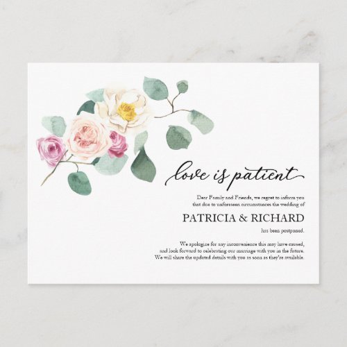 Love Is Patient Eucalyptus Wedding Postponement Po Postcard