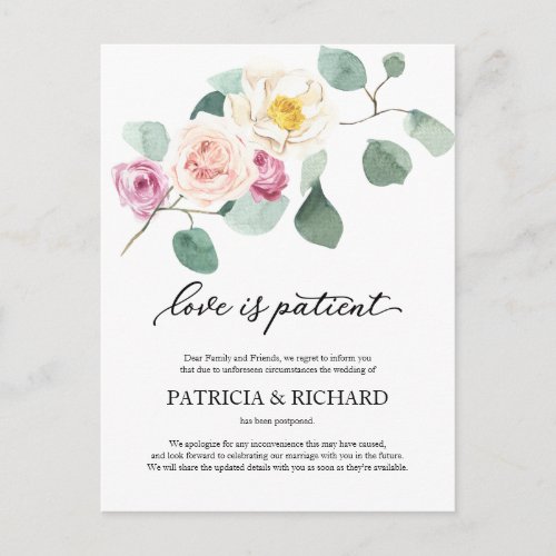 Love Is Patient Eucalyptus Wedding Postponement Postcard