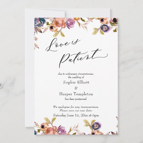 Love is Patient Floral Postponed Wedding Card