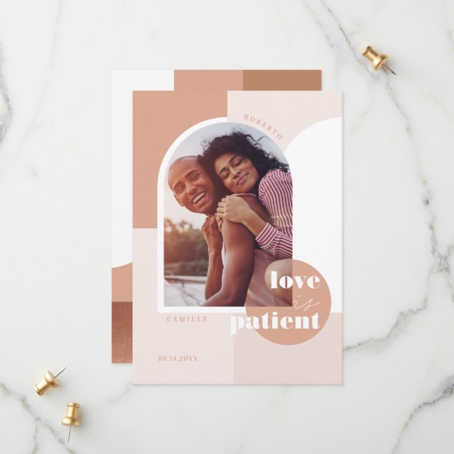 Love is Patient Geometric Blush Couple's Photo Save The Date (Front/Back In Situ)
