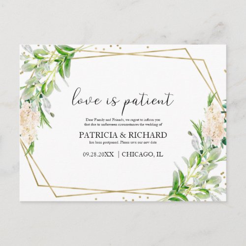 Love Is Patient  Greenery New Date Wedding Postcard