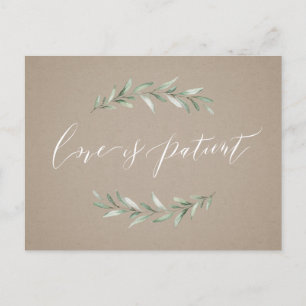 Love is patient greenery wedding postponement postcard