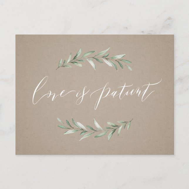 Love is patient greenery wedding postponement postcard (Front)