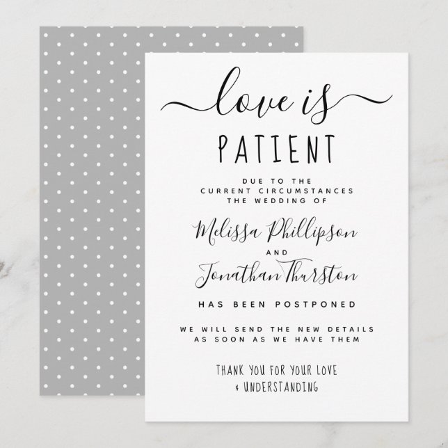 Love Is Patient Hand Lettered Wedding Postponement Invitation (Front/Back)