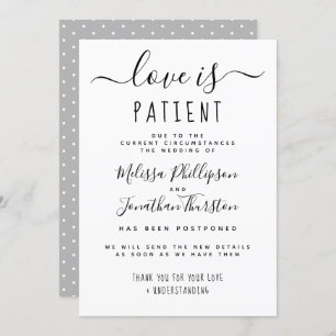 Love Is Patient Hand Lettered Wedding Postponement Invitation