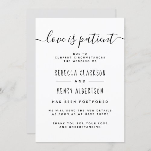 Love Is Patient Handwritten Postponed Wedding Invitation