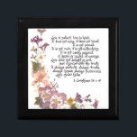 Love is patient jewelry box<br><div class="desc">Love is patient, love is kind... 1 Corinthians 13:4-8, popular and beloved biblical passage heard especially at weddings and anniversaries, presented here with pressed flowers and calligraphy by Simone Sheppard. Flowers from her garden include linaria, azalea, pansy and larkspur. Beautiful gift for anyone.</div>