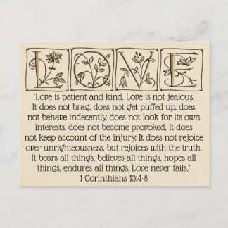 Love is Patient-Kind-Never Fails~Scripture~Wedding Postcard