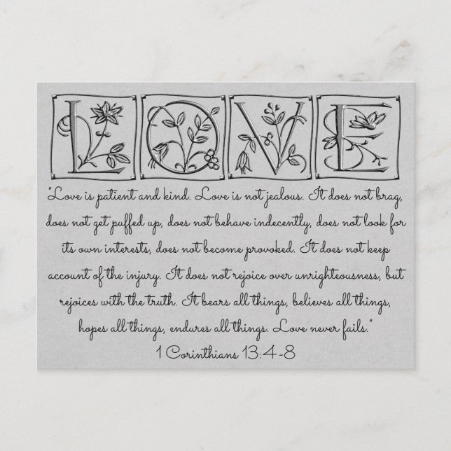 Love is Patient-Kind-Never Fails~Scripture~Wedding Postcard (Front)