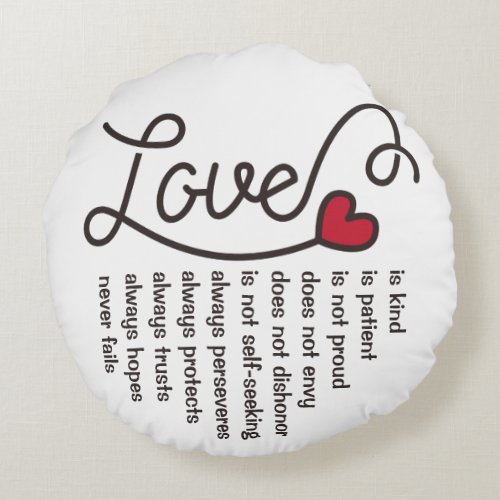 Love Is Patient Kind Typography Red Heart Round Pillow