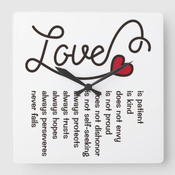 Love Is Patient Kind Typography Red Heart Square Wall Clock by BCMonogramMe at Zazzle