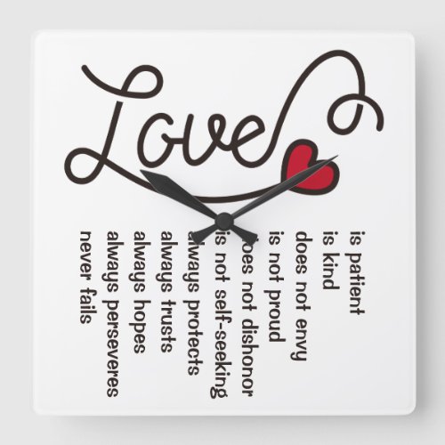 Love Is Patient Kind Typography Red Heart Square Wall Clock