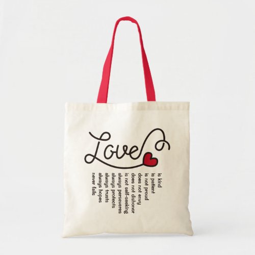Love Is Patient Kind Typography Red Heart Verse Tote Bag