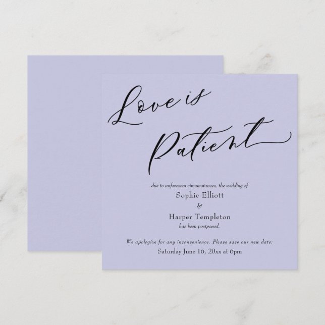 Love is Patient Lavender Postponed Wedding Card (Front/Back)