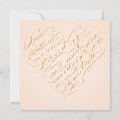 Love is patient.. light gold calligraphy heart custom invite