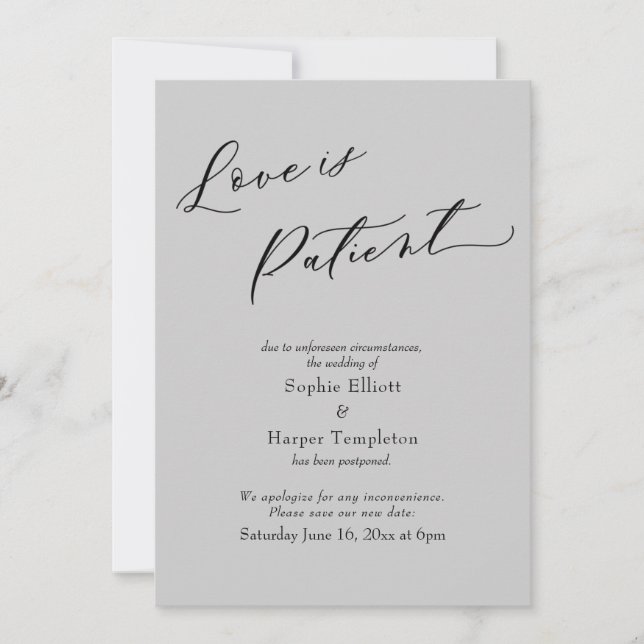 Love is Patient Light Gray Postponed Wedding Card (Front)