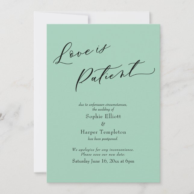 Love is Patient Light Green Postponed Wedding Card (Front)