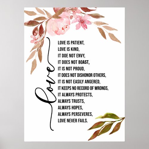 Love is patient Love is kind Pink Floral Poster