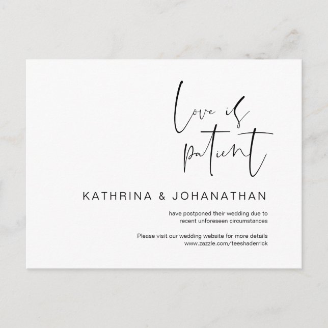 Love is Patient, Minimalism Wedding Postponed Postcard (Front)