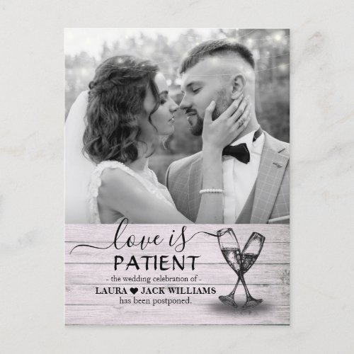 Love is Patient Modern Wedding Postponement Photo Announcement Postcard