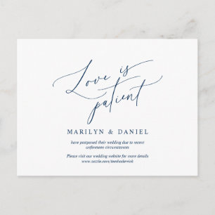 Love is Patient, Navy Blue, invitation Postponed Postcard