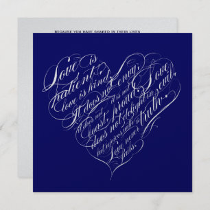 Love is patient.. navy & silver calligraphic heart invitation