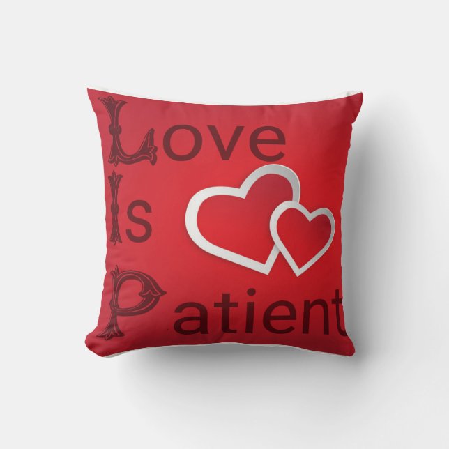 Love is Patient on a Red Heart Background Throw Pillow (Front)